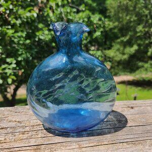 Blue Art Glass Vase Ruffle Top Organic Shape Air Bubbles Swirl Optic Design 6" V